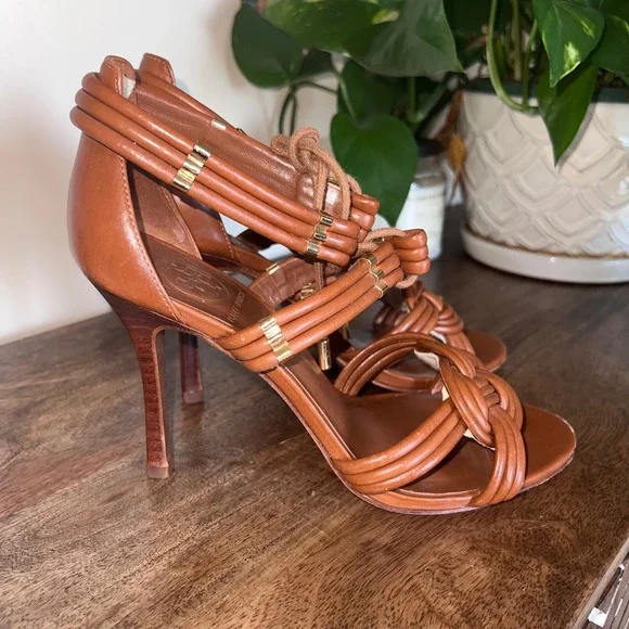 Tory Burch Audrianna Knotted Leather Heeled Sandals Dressy - Tan Size 8M - Picture 6 of 9
